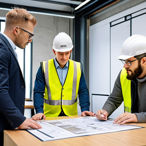 Home 11 **Construction site office with certificates displayed prominently. Engineers and project managers reviewing blueprints, emphasizing professionalism and competence. Focus on Miljöbyggnad or LEED certification logos.** (This visually represents navigating certification requirements and key certifications for public procurement).