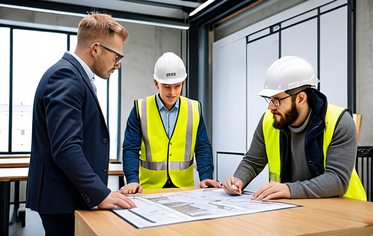 **Construction site office with certificates displayed prominently. Engineers and project managers reviewing blueprints, emphasizing professionalism and competence. Focus on Miljöbyggnad or LEED certification logos.** (This visually represents navigating certification requirements and key certifications for public procurement).