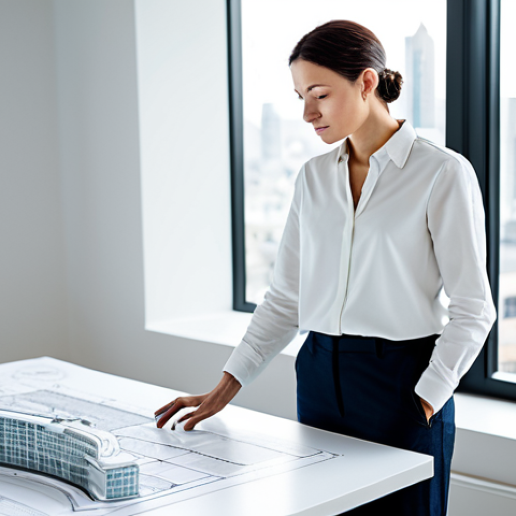A professional architect, fully clothed in a modest, smart casual business outfit, standing in a brightly lit, modern architectural studio. The studio features detailed architectural models on a large table, and design blueprints are visible. A panoramic window overlooks a contemporary cityscape. The subject is captured in a thoughtful, natural pose, embodying artistic vision and precision. Perfect anatomy, correct proportions, well-formed hands, proper finger count, natural body proportions, high-resolution, professional photography, safe for work, appropriate content, fully clothed, professional, modest, family-friendly.