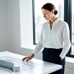 A professional architect, fully clothed in a modest, smart casual business outfit, standing in a brightly lit, modern architectural studio. The studio features detailed architectural models on a large table, and design blueprints are visible. A panoramic window overlooks a contemporary cityscape. The subject is captured in a thoughtful, natural pose, embodying artistic vision and precision. Perfect anatomy, correct proportions, well-formed hands, proper finger count, natural body proportions, high-resolution, professional photography, safe for work, appropriate content, fully clothed, professional, modest, family-friendly.
