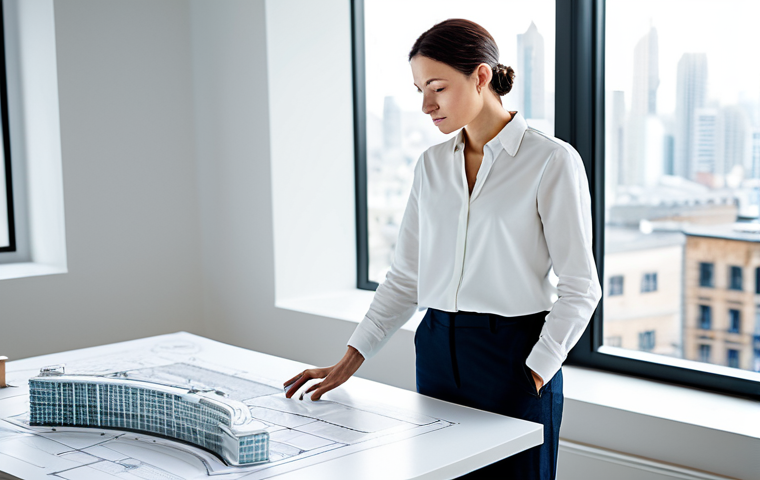 A professional architect, fully clothed in a modest, smart casual business outfit, standing in a brightly lit, modern architectural studio. The studio features detailed architectural models on a large table, and design blueprints are visible. A panoramic window overlooks a contemporary cityscape. The subject is captured in a thoughtful, natural pose, embodying artistic vision and precision. Perfect anatomy, correct proportions, well-formed hands, proper finger count, natural body proportions, high-resolution, professional photography, safe for work, appropriate content, fully clothed, professional, modest, family-friendly.
