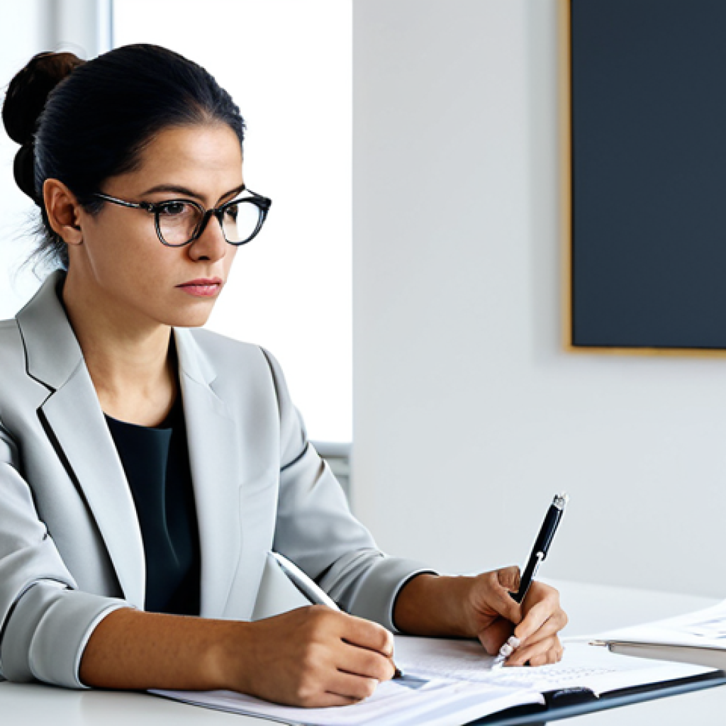 Confident Architect Preparing for Negotiation**

A professional female architect, fully clothed in a stylish yet modest business outfit, is sitting at a clean, modern desk. She is reviewing notes with a determined expression. The background is a bright, minimalist office space. Safe for work, appropriate content, perfect anatomy, natural proportions, professional, well-formed hands, proper finger count.

**
