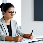 Confident Architect Preparing for Negotiation**

A professional female architect, fully clothed in a stylish yet modest business outfit, is sitting at a clean, modern desk. She is reviewing notes with a determined expression. The background is a bright, minimalist office space. Safe for work, appropriate content, perfect anatomy, natural proportions, professional, well-formed hands, proper finger count.

**