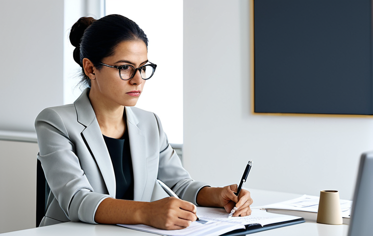 Confident Architect Preparing for Negotiation**
A professional female architect, fully clothed in a stylish yet modest business outfit, is sitting at a clean, modern desk. She is reviewing notes with a determined expression. The background is a bright, minimalist office space. Safe for work, appropriate content, perfect anatomy, natural proportions, professional, well-formed hands, proper finger count.
**