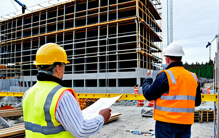 Construction Site Safety**
"A bustling construction site in Stockholm, Sweden, fully visible workers wearing appropriate high-visibility vests and hard hats, a crane lifting materials in the background, safety signage clearly displayed, scaffolding erected securely around a building, a project manager reviewing plans with workers, demonstrating safe practices, fully clothed, appropriate content, safe for work, professional, perfect anatomy, natural proportions, daytime, clear sky, family-friendly."
**